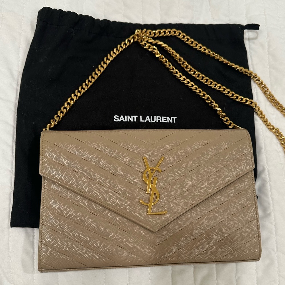Authentic YSL Bag Crossbody Flap Gold Beige Like New Yves Saint Laurent